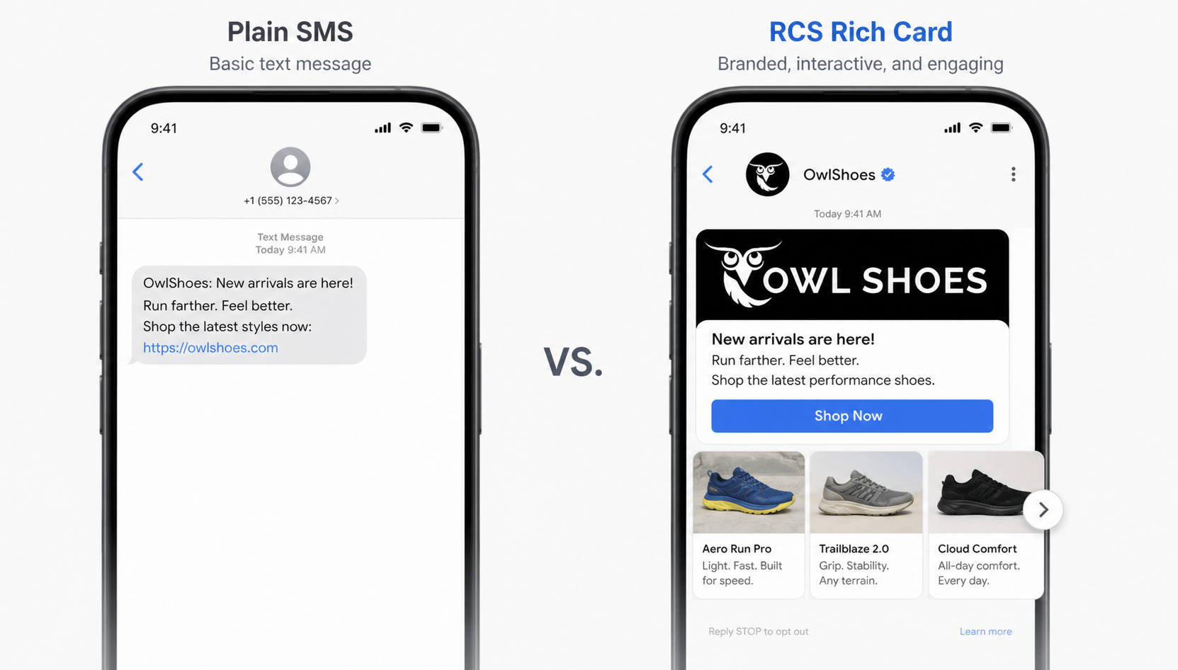 Comparison of a plain SMS text message versus an RCS rich card with branded images, product carousel, and Shop Now button