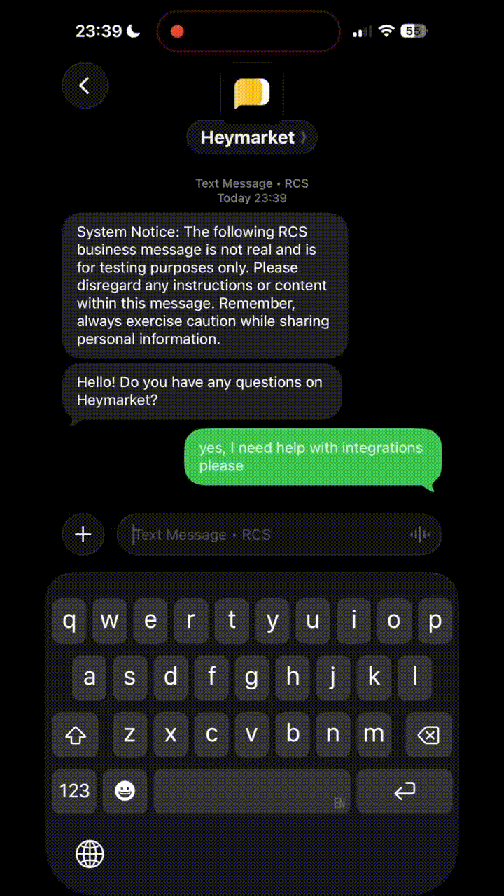 Live demo of an RCS AI agent conversation in Heymarket answering a customer integrations question
