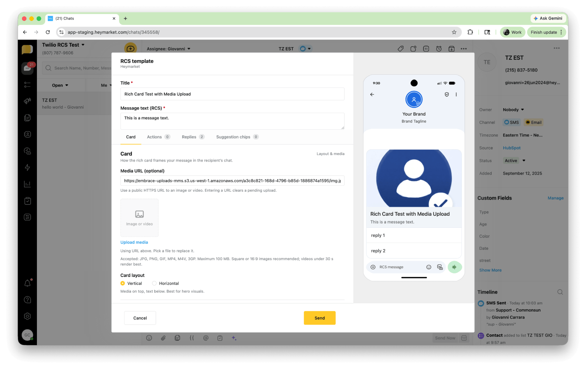 Heymarket RCS rich card compose screen with media upload field and live message preview