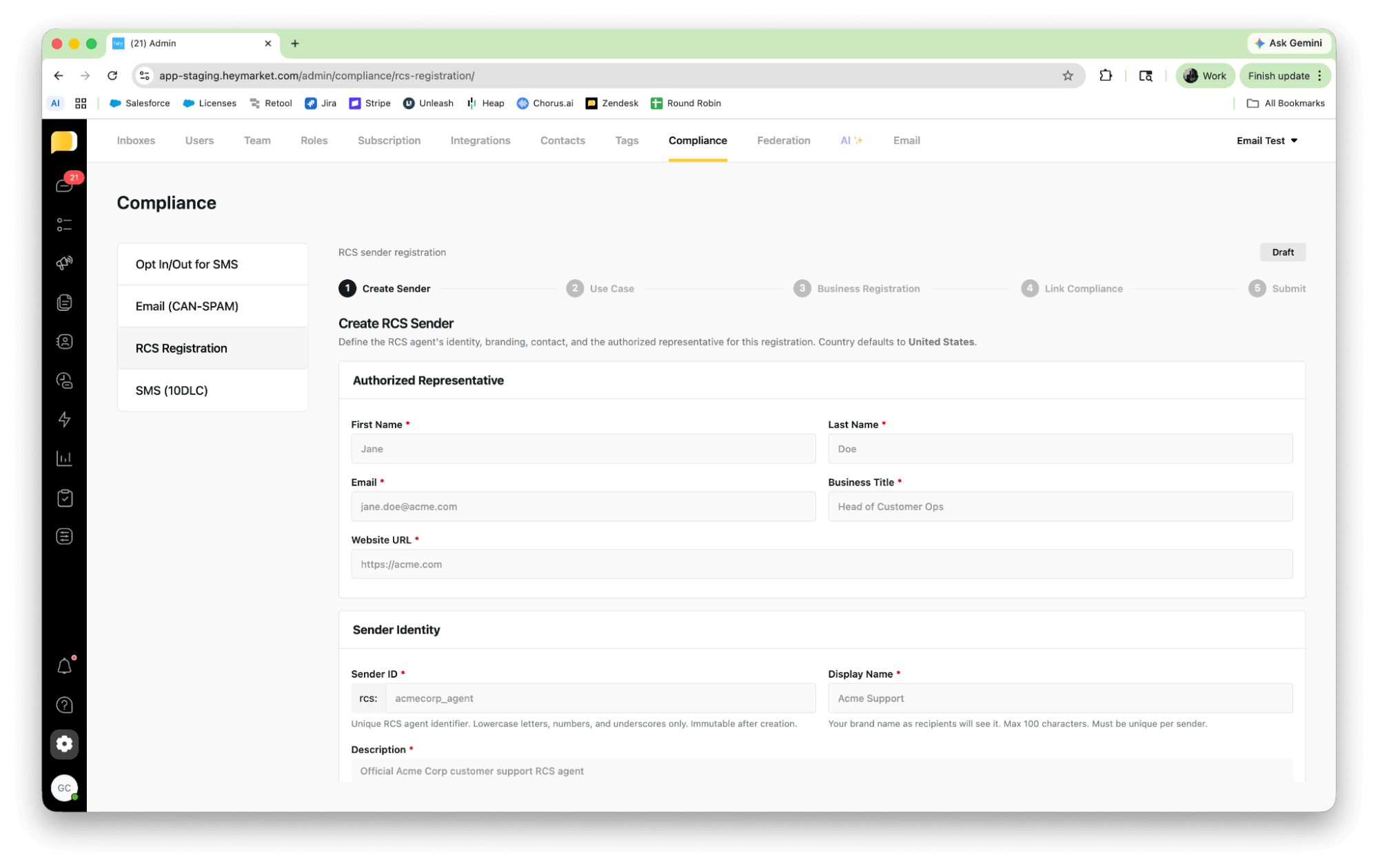 Heymarket admin compliance panel for registering an RCS sender with authorized representative and business details