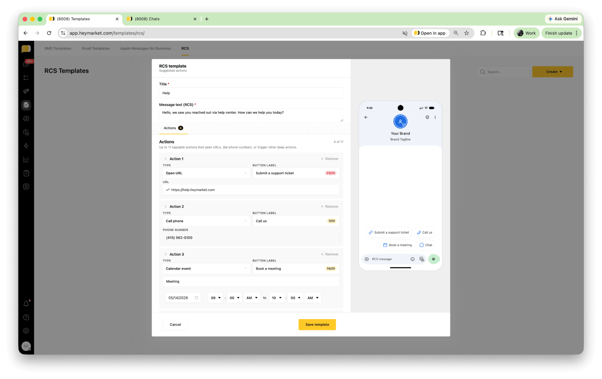 Heymarket RCS template editor showing suggested action buttons for support ticket, call, and meeting booking