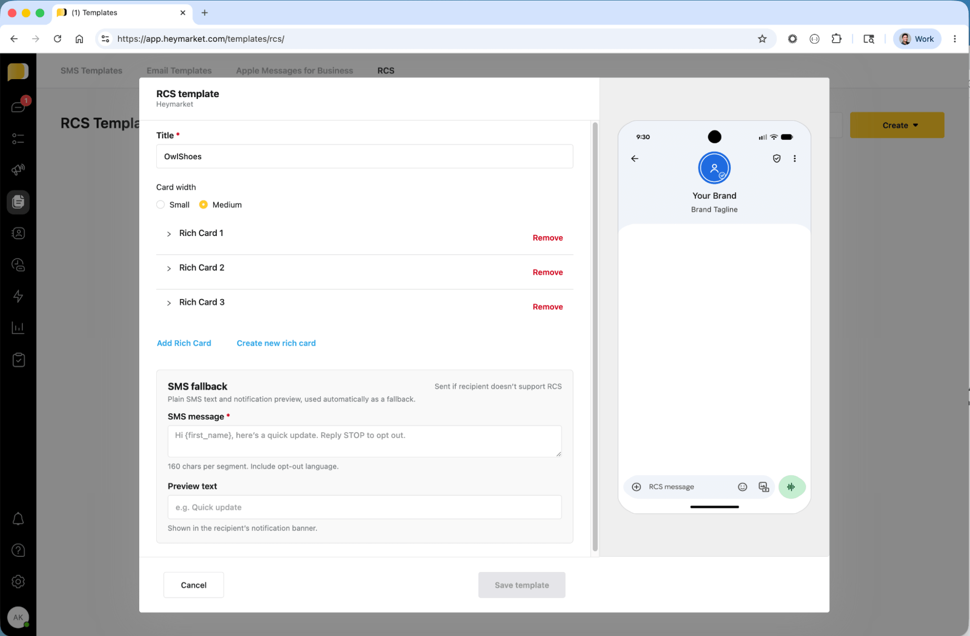 Heymarket RCS template editor with multiple rich cards and SMS fallback message configuration