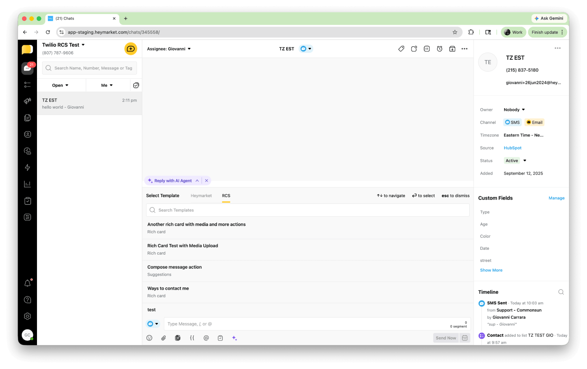 Heymarket chat inbox showing RCS template selector with rich card and suggestion chip options