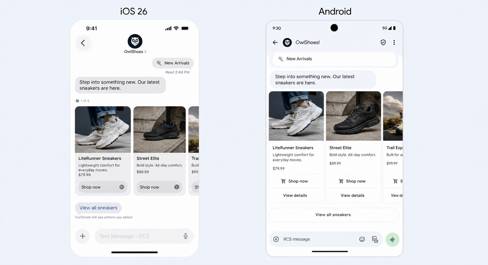 RCS rich card message displaying identical branded content and shoppable product carousel on iOS and Android