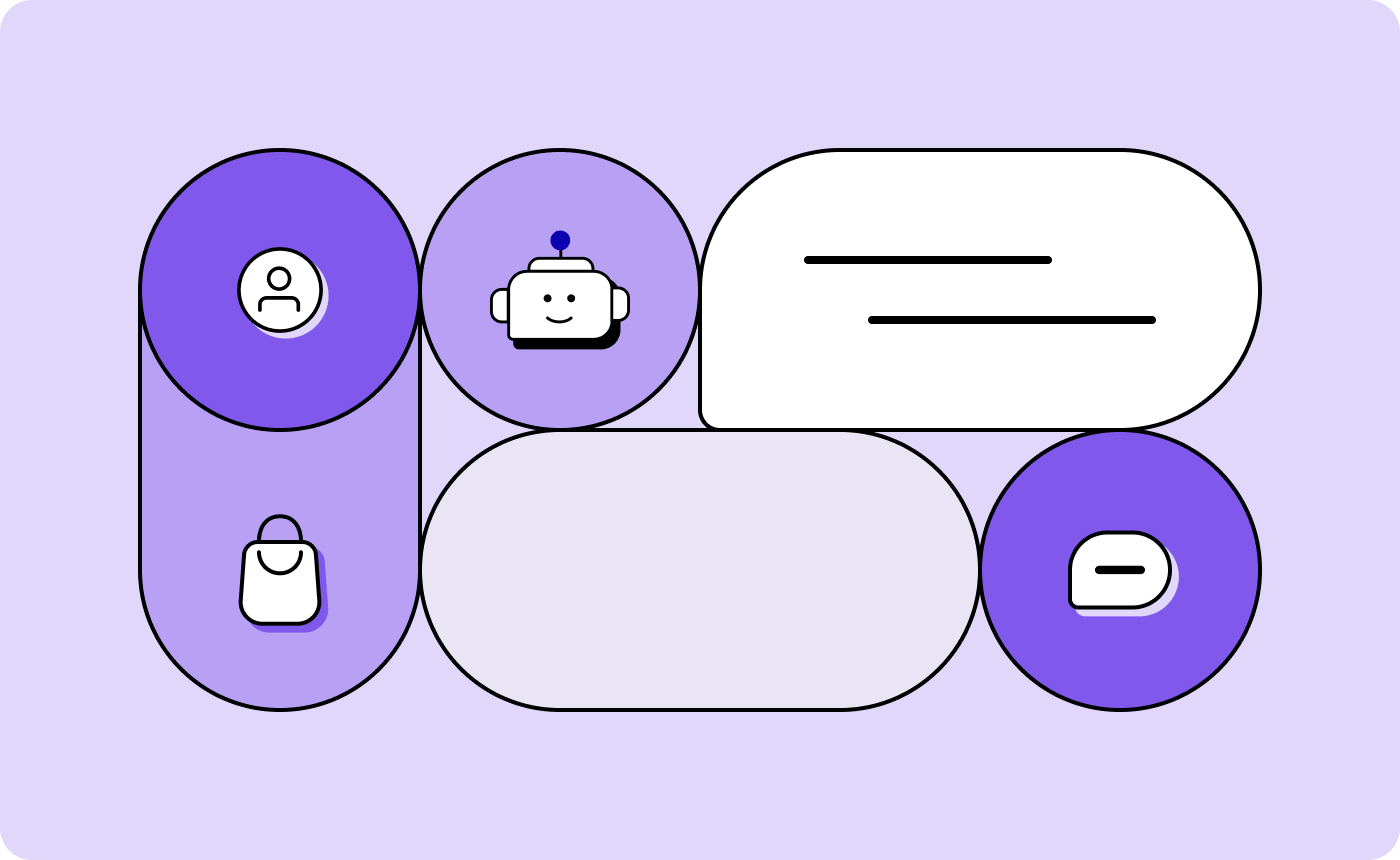 Illustration of a customer’s outline, shopping bag, robot, and messaging bubble, indicating that the topic of this blog post is agentic AI in retail