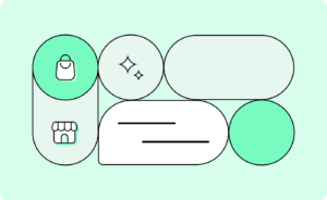Illustration of shopping bag, storefront, sparkle, and message bubble icons representing conversational AI in retail