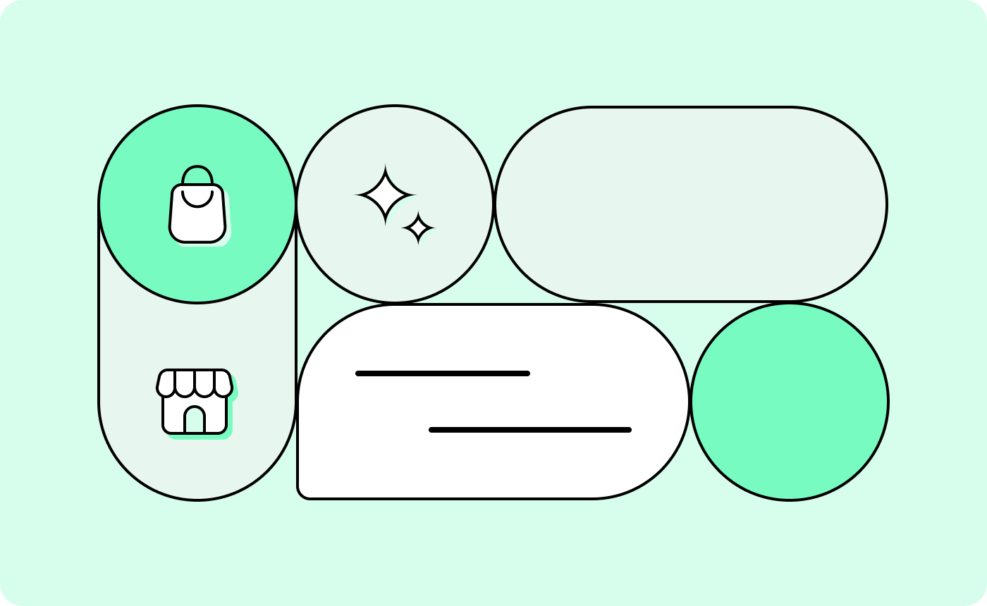 Illustration of shopping bag, storefront, sparkle, and message bubble icons representing conversational AI in retail