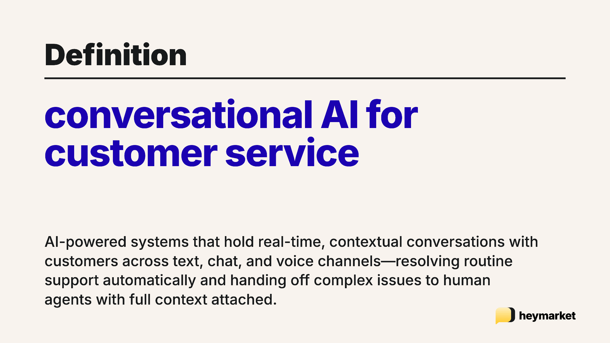 Definition of conversational AI for customer service: AI-powered systems that hold real-time, contextual conversations across text, chat, and voice, resolving routine support automatically and handing complex issues to human agents