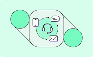 Illustration of a phone, chat bubble, headset, and email icon connected in a loop, representing omnichannel customer service