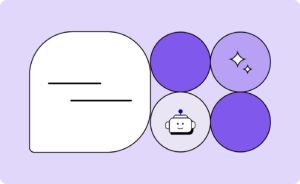 Chatbot vs. conversational AI illustration with a chat bubble, a robot, and an AI sparkle