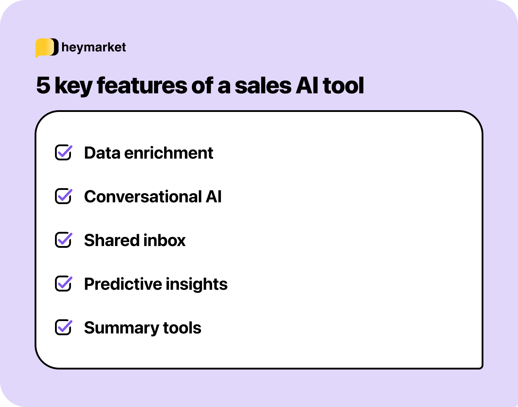 A list of the five key features of a sales AI tool: data enrichment, conversational AI, shared inbox, predictive insights, and summary tools