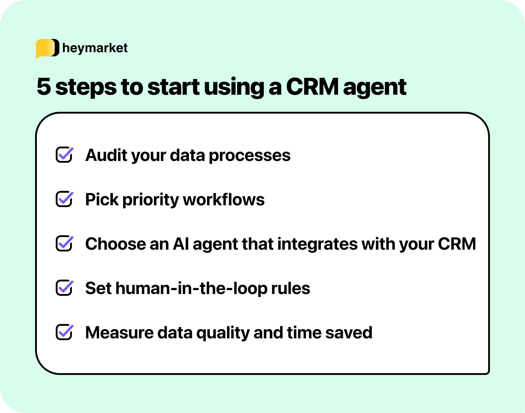 A list illustrating the 5 steps to using a CRM agent.