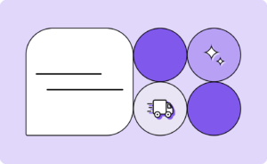 Illustration of a delivery truck, an AI sparkle symbol, and a messaging bubble representing AI agents for logistics