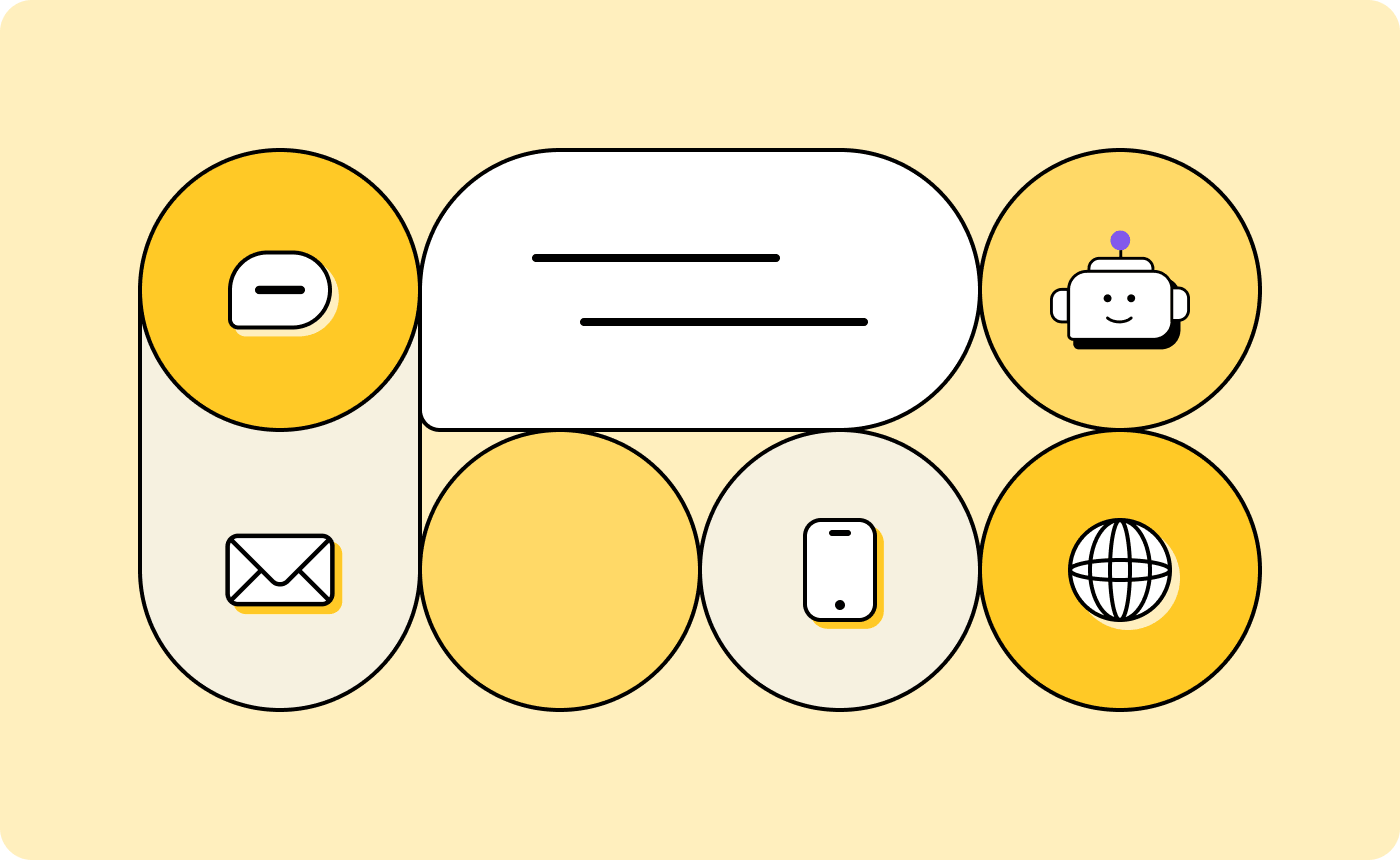 Illustration of a robot head, internet globe, text message, and email icon, indicating that this blog post addresses AI agents and multichannel communications