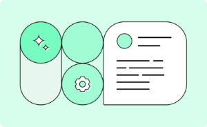 An illustration with a gear, a card indicating data/organization, and the little stars that indicate AI
