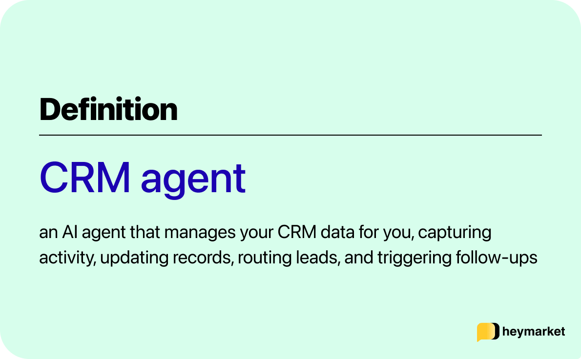 A definition card defining a CRM agent: an AI agent that manages your CRM data for you, capturing activity, updating records, routing leads, and triggering follow-ups