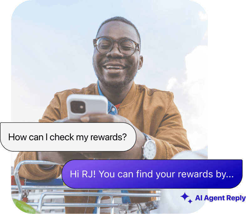 Illustration of incoming message reading "How can I check my rewards" and AI suggested reply reading "Hi RJ! You can find your rewards by ...".
