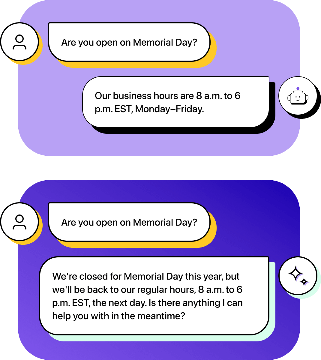 Illustration of a conversation showing the difference between traditional SMS and AI SMS chatbot replies