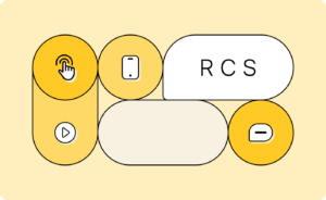 Illustration of RCS messaging features, including a tap icon, a smartphone, a play button, a message bubble, and an RCS label
