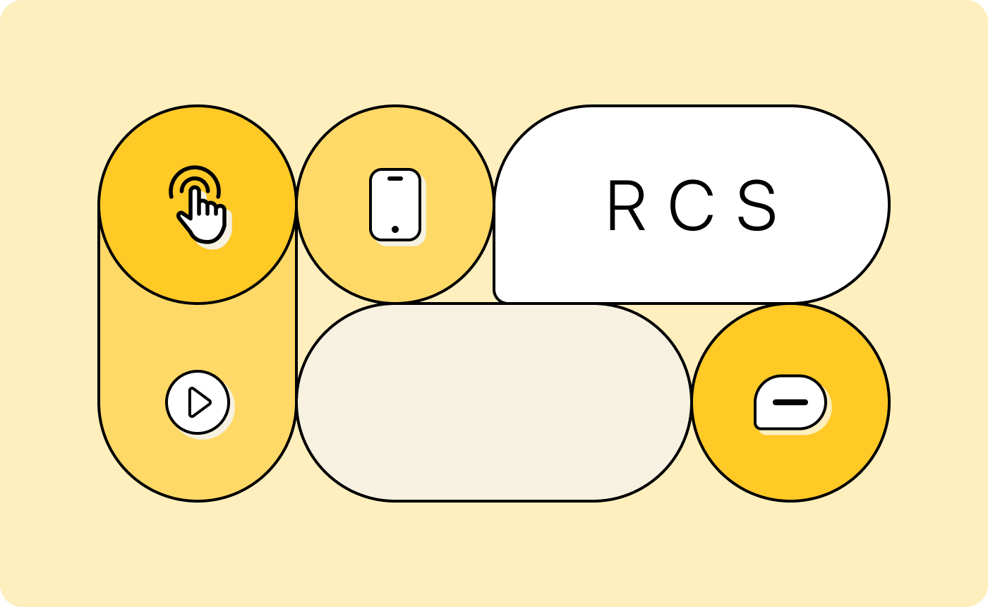 Illustration of RCS messaging features, including a tap icon, a smartphone, a play button, a message bubble, and an RCS label