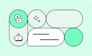 Illustration of an FAQ chatbot, with question and answer speech bubbles, a sparkle icon, a robot, and chat message lines