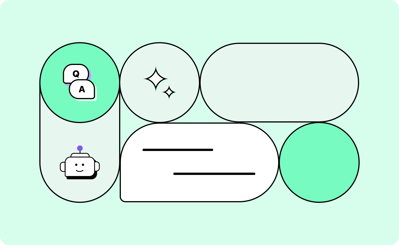 Illustration of an FAQ chatbot, with question and answer speech bubbles, a sparkle icon, a robot, and chat message lines