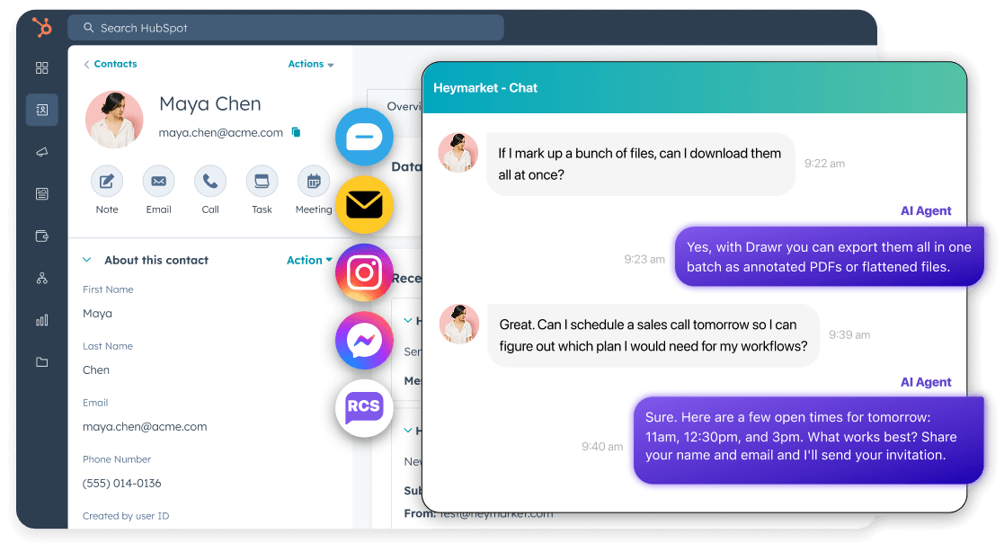 HubSpot contact record with AI agent conversations across multiple messaging channels