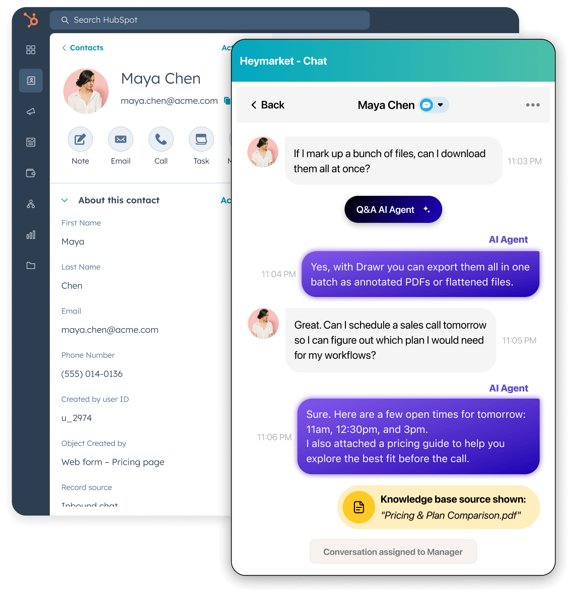 Illustration of a HubSpot contact record with AI agent support, knowledge base assistance, and conversation handoff to a manager