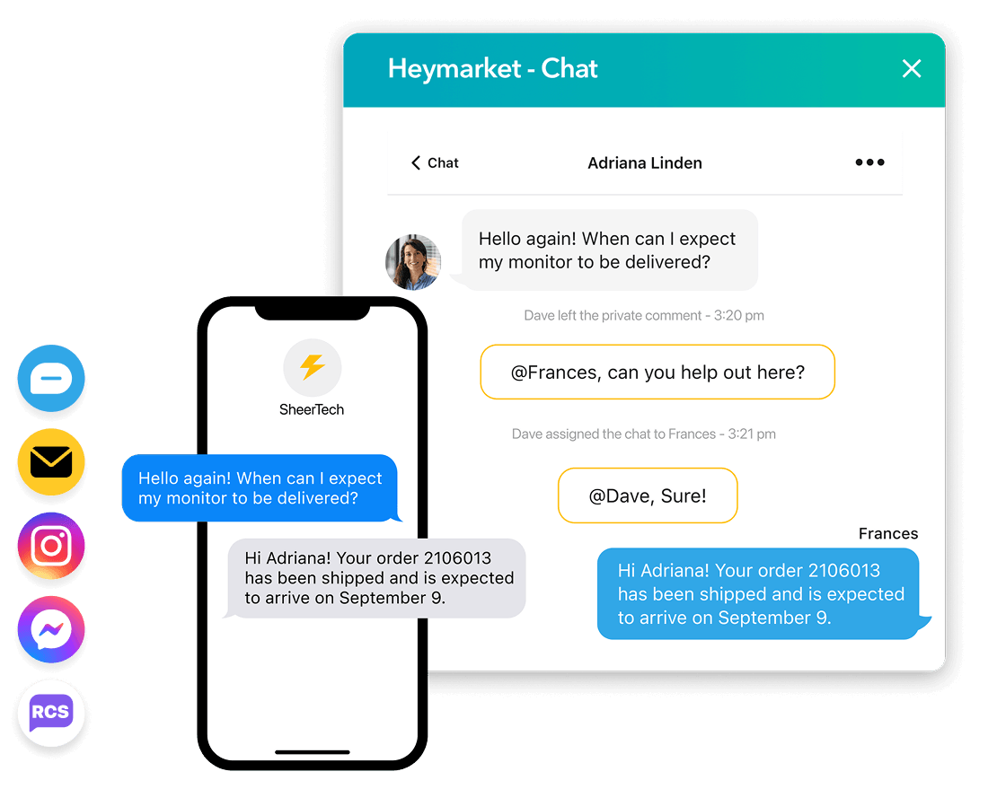 Omnichannel customer messaging interface with two-way conversations across chat, SMS, email and social media
