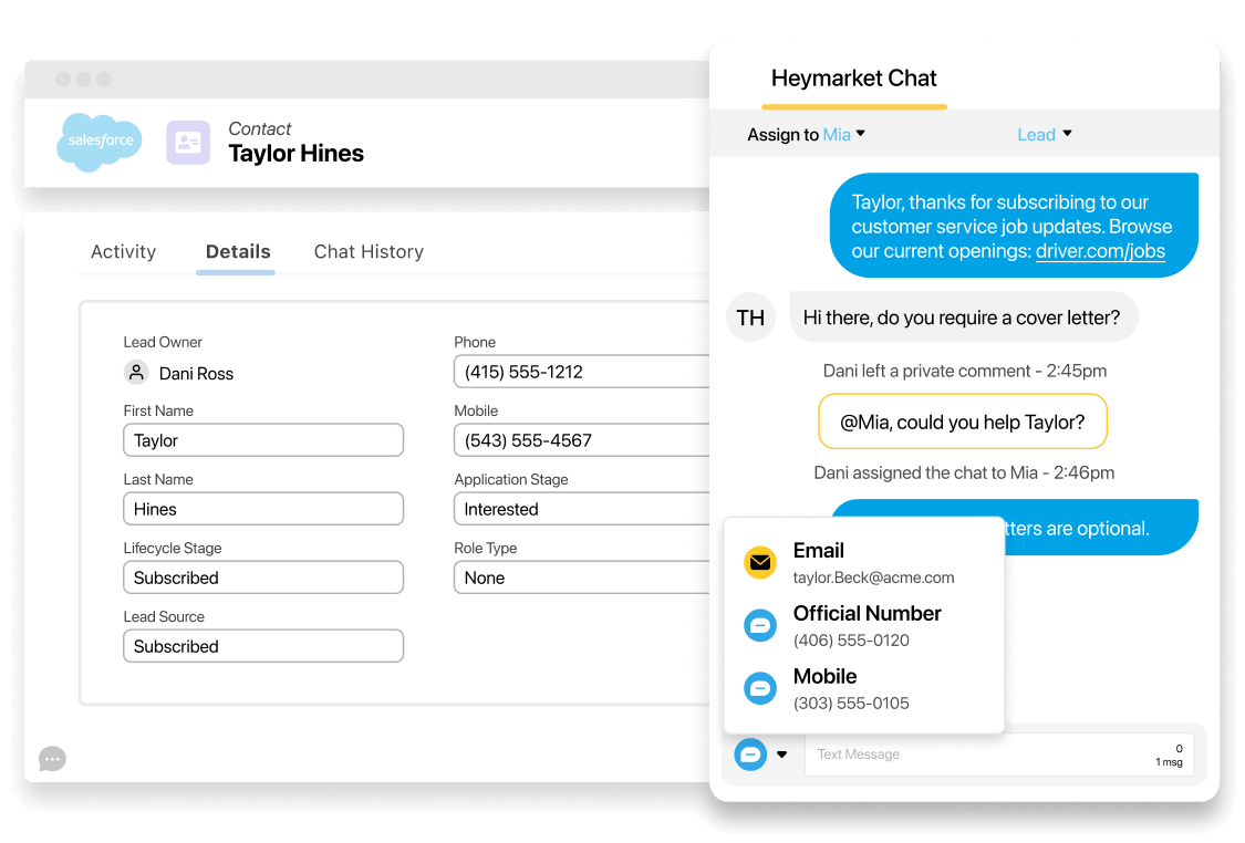 Salesforce contact record with customer conversations across chat, email and SMS channels