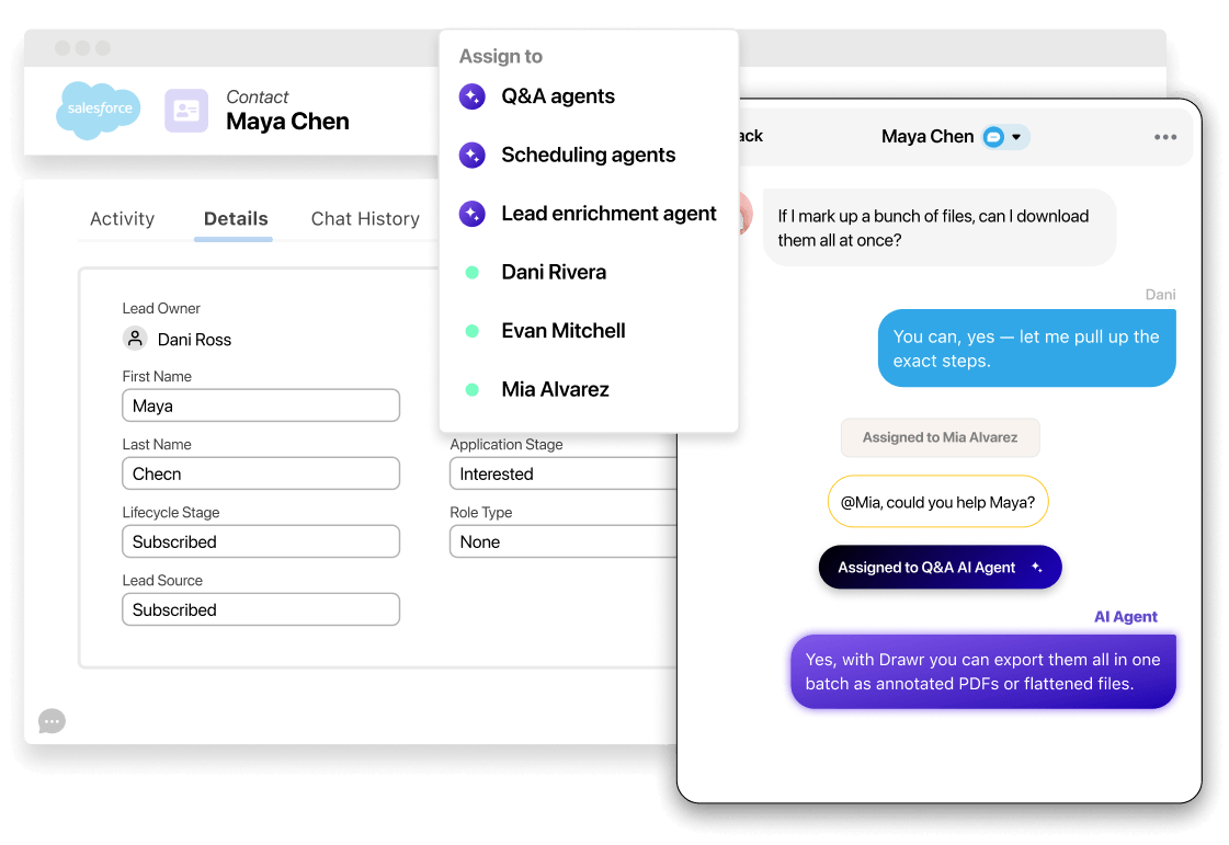 Salesforce customer support interface assigning conversations to AI agents and team members