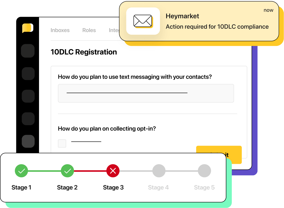10DLC registration workflow with compliance notification and registration stages