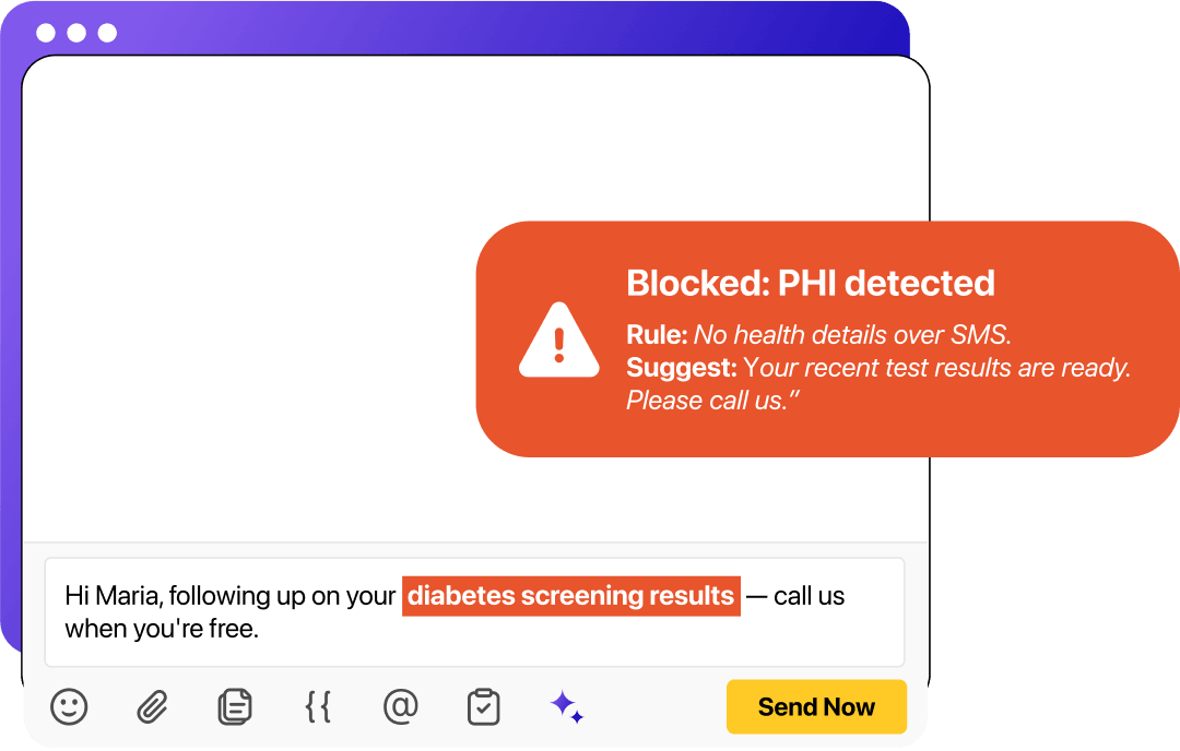 Messaging interface blocking PHI and suggesting a compliant response