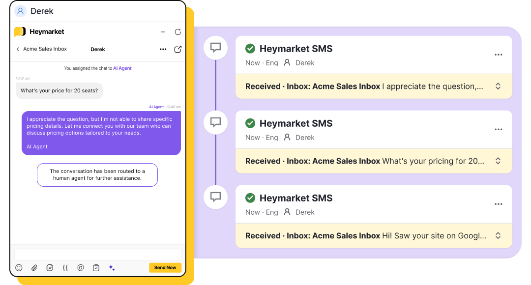 Heymarket AI agent answering Pipedrive conversations with messages logged to the timeline