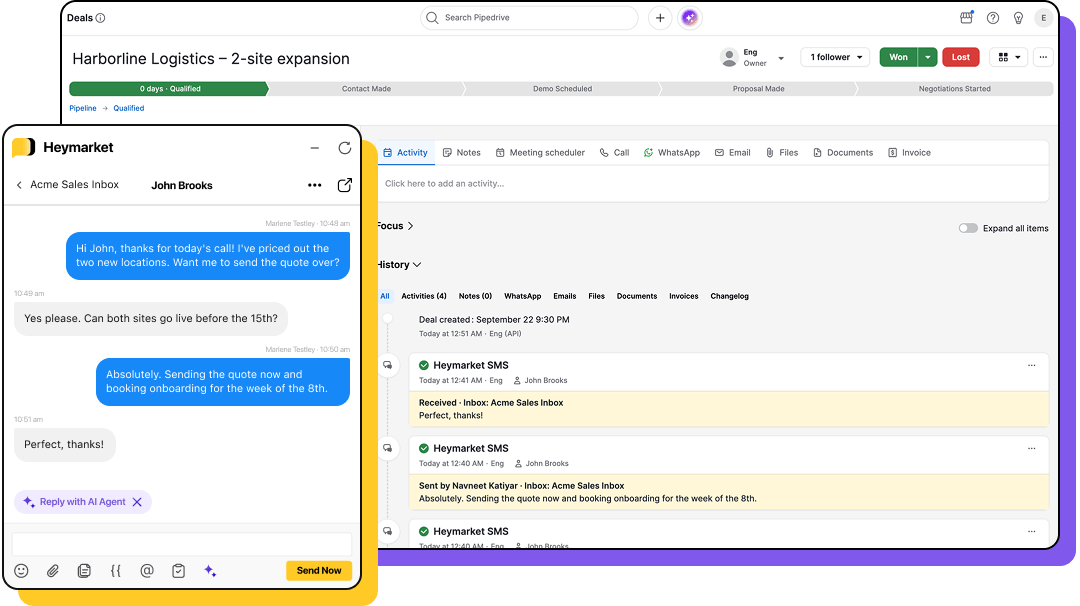 Pipedrive integration illustration with a Heymarket conversation panel beside a deal record