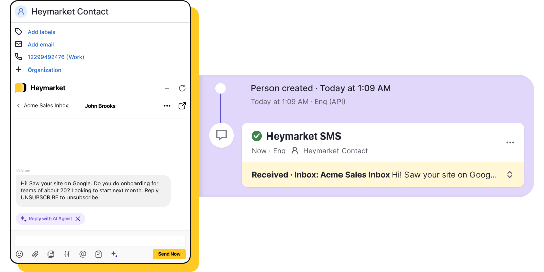 Inbound SMS creating a new Pipedrive contact with the message logged on its timeline