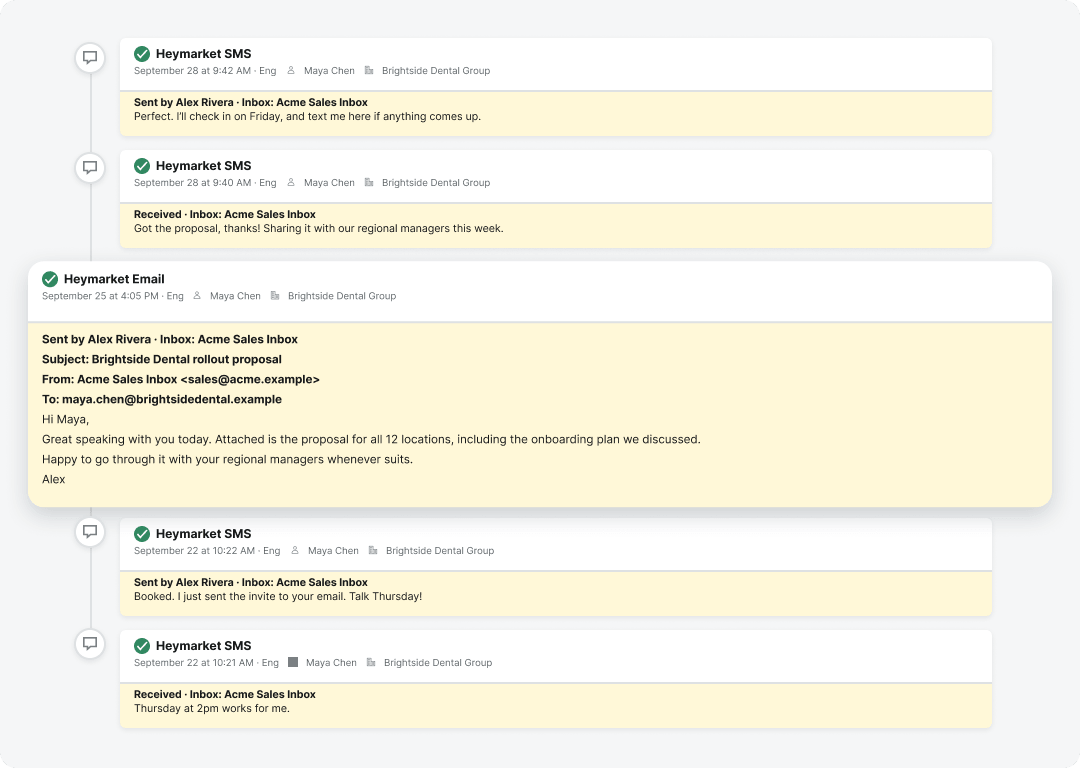 Pipedrive activity timeline logging texts and emails as completed activities