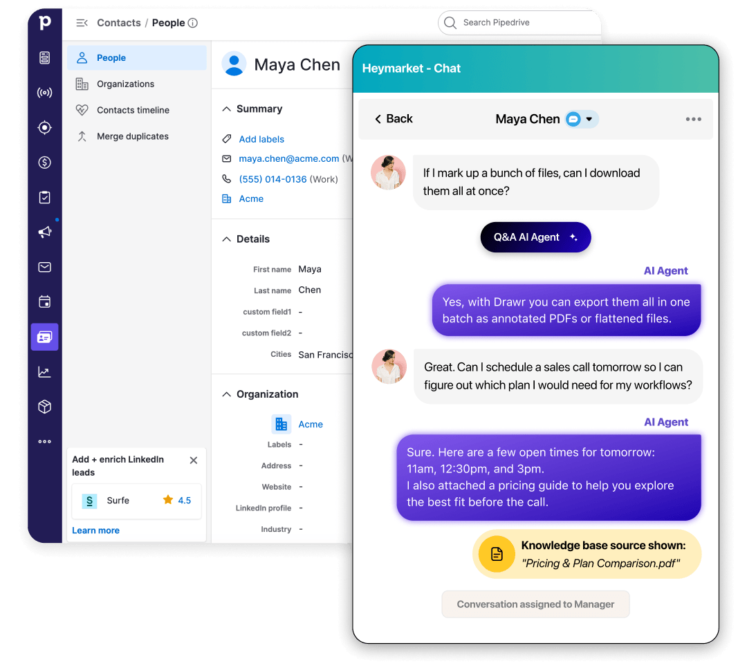 Pipedrive person record with the Heymarket panel for sending SMS and email replies