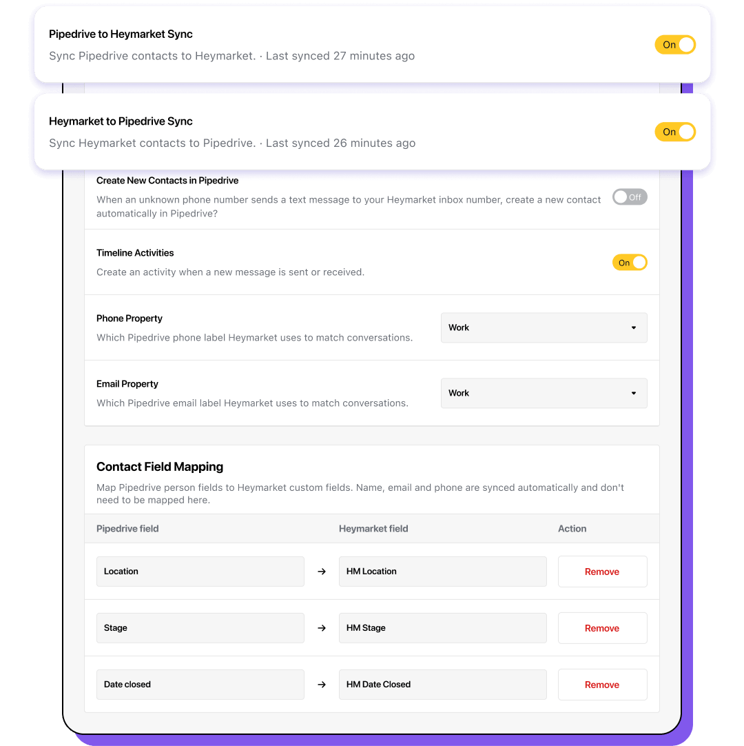 Pipedrive sync settings with contact field mapping between Pipedrive and Heymarket